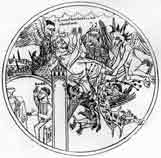 St. Guthlac attacked by devils, which are portayed as humans with the faces of goats.